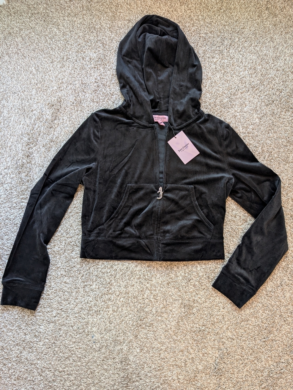 NWT Juicy Couture Black Velour Cropped Hoodie With Sparkly Logo Women's Sz L